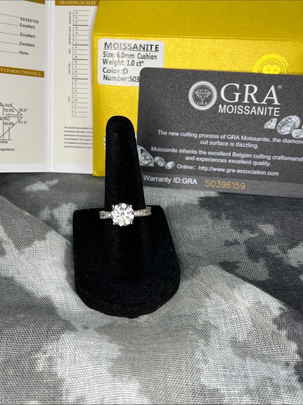 1ct GRA Moissanite Cushion Cut Solitaire Ring in Sterling Silver 925